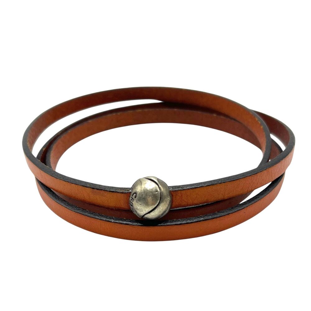 Cristo Bracelet Brown Leather Wrap Silver Tone Strappy Boho 1/4" Magnetic Clasp